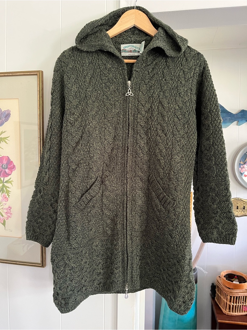 Aran Ireland Hooded Lulu Zipper Coat Cardigan Classic Green Cable Knit Wool Hood